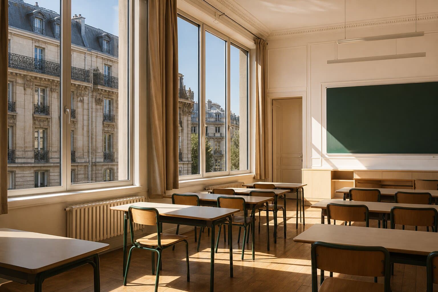 Salle de classe parisienne avec grandes fenêtres et film solaire anti-chaleur