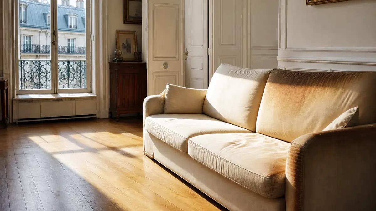 Mobilier et parquet décolorés par les UV derrière une fenêtre