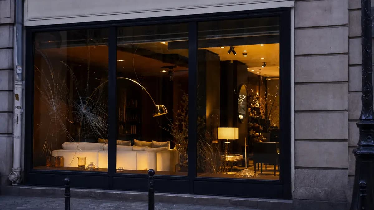 Vitrine commerciale parisienne au rez-de-chaussée, vitrage fragile