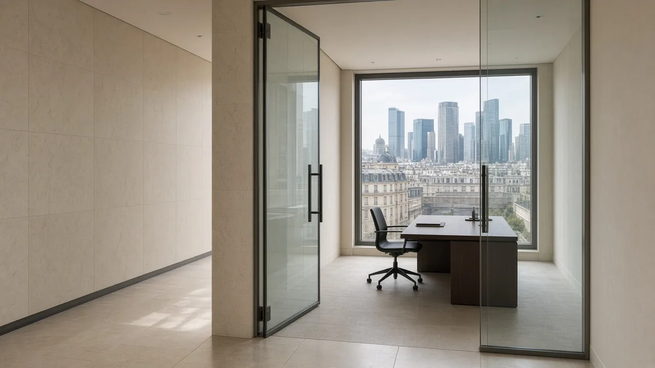 Bureau vitré à Paris avec vue sur La Défense à travers une porte en verre