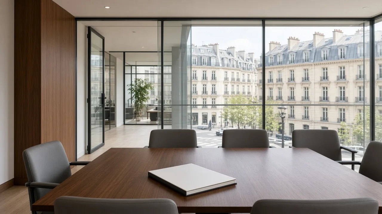 Salle de réunion parisienne vitrée avec vue sur les toits haussmanniens
