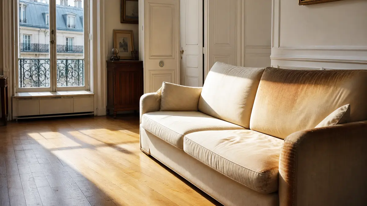 Mobilier et parquet décolorés par les UV derrière une fenêtre