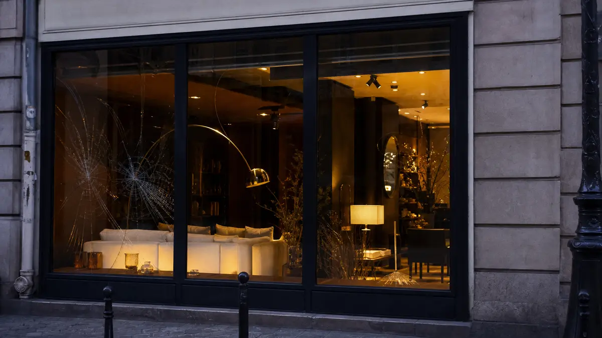 Vitrine commerciale parisienne au rez-de-chaussée, vitrage fragile